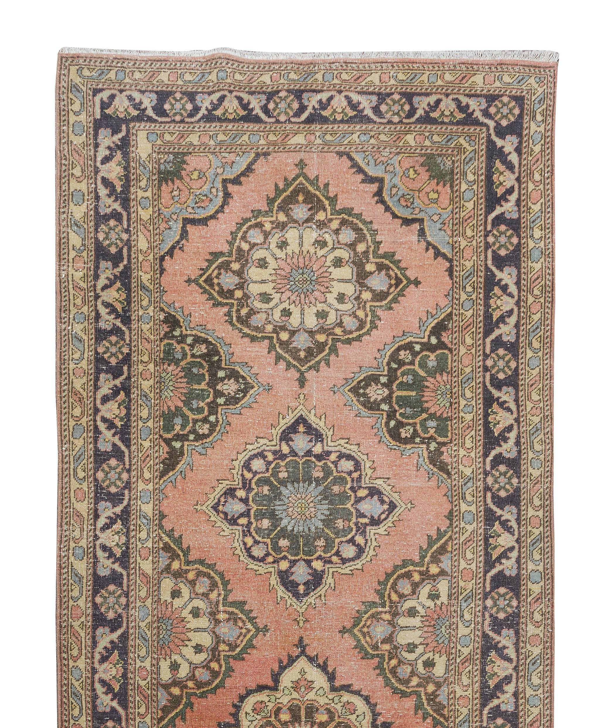 Hand-Knotted 4.8x13 Ft Traditional Vintage Handmade Turkish Wool Runner Rug for Hallway For Sale