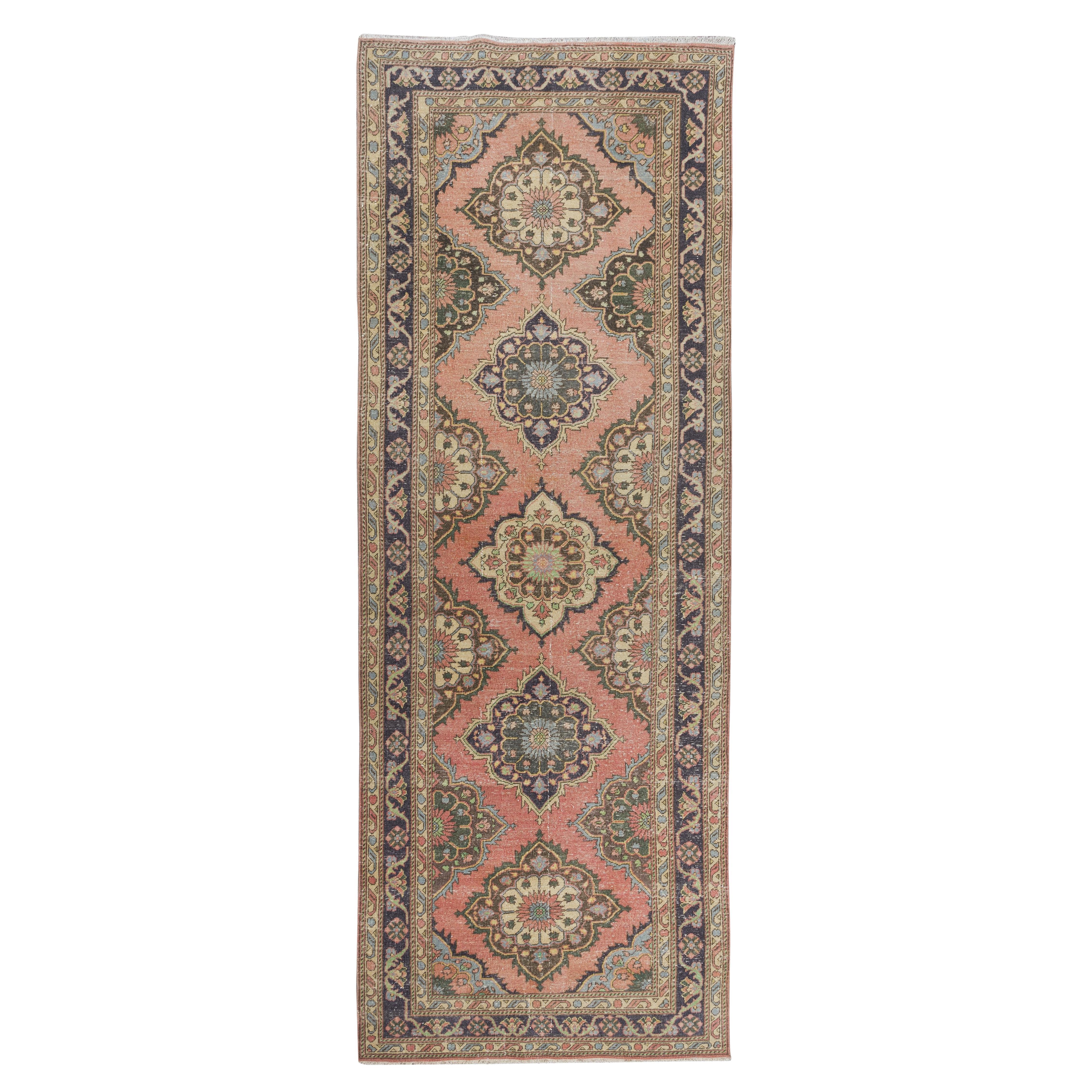 4.8x13 Ft Traditional Vintage Handmade Turkish Wool Runner Rug for Hallway For Sale