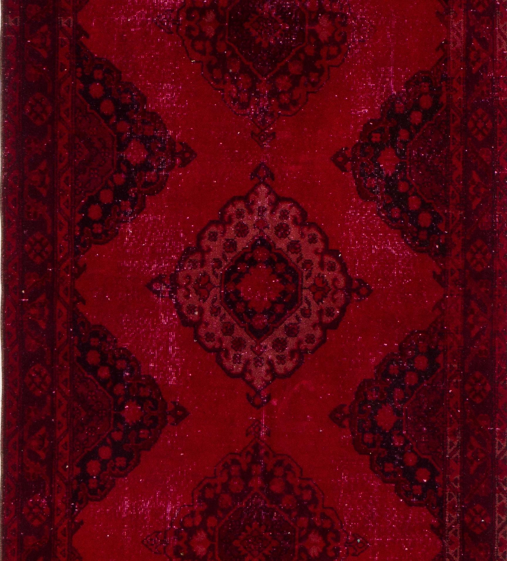 Modern 4.8x13 Ft Vintage Handmade Konya Sille Runner Rug Over-Dyed in Red for Hallway For Sale
