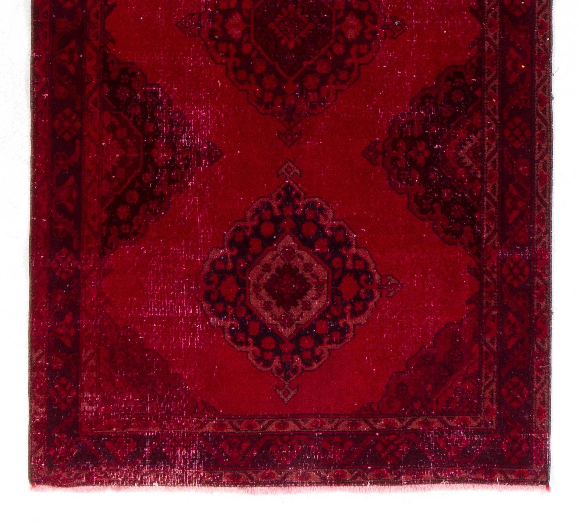 Turkish 4.8x13 Ft Vintage Handmade Konya Sille Runner Rug Over-Dyed in Red for Hallway For Sale