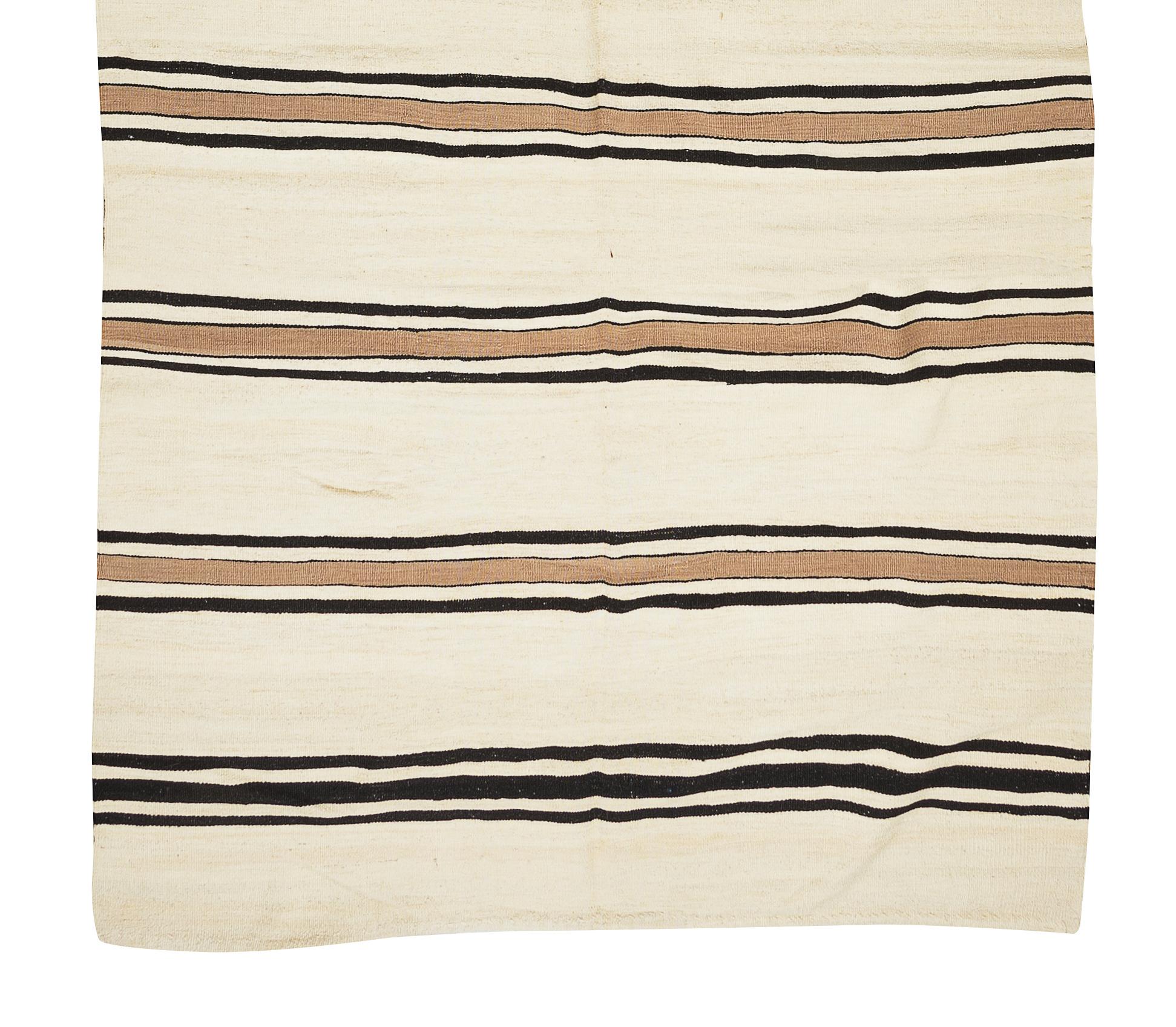 Wool 4.8x17 Ft Long Vintage Turkish Runner Kilim in Beige with Brown & Black Stripes For Sale