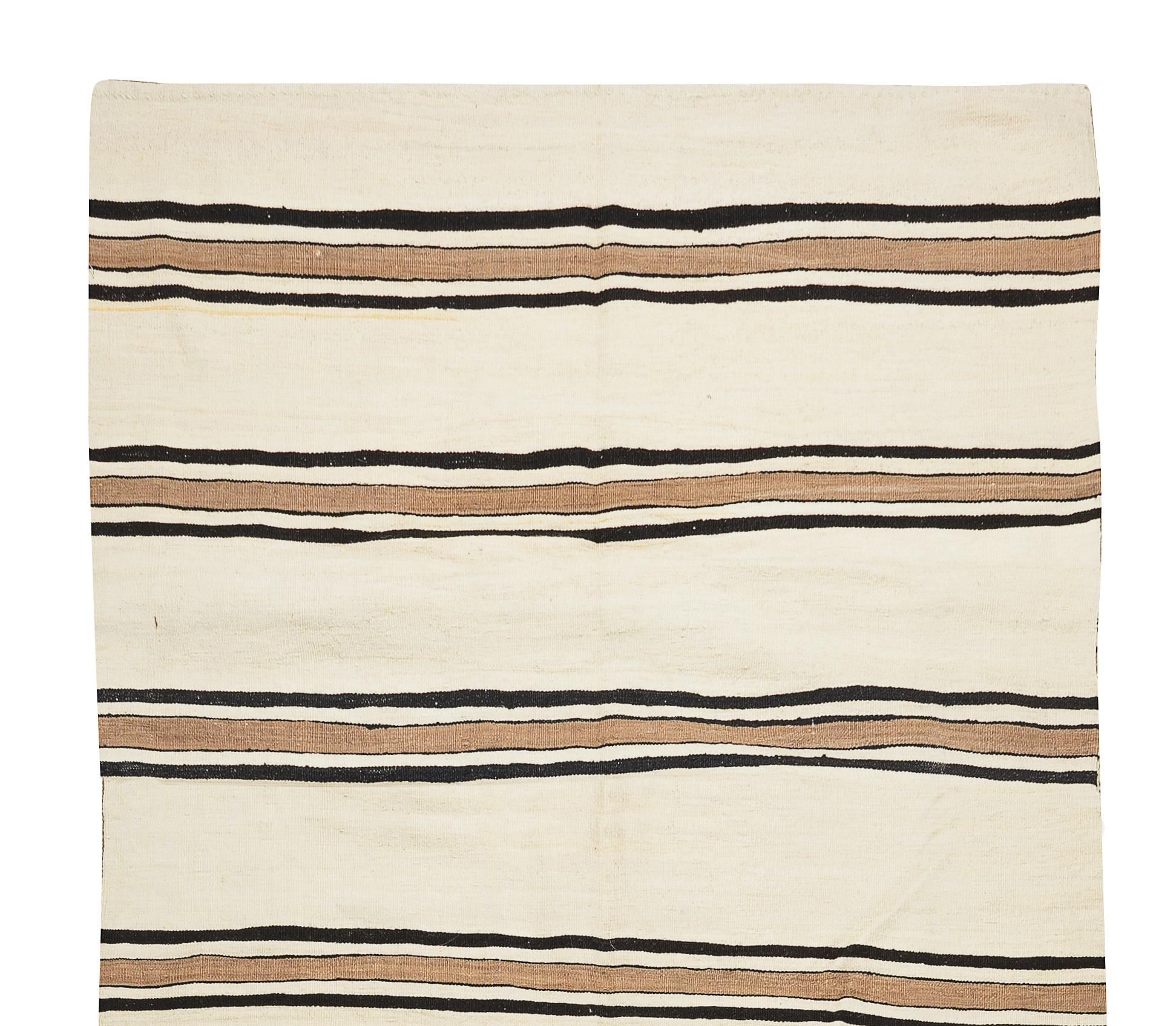 Turkish 4.8x17 Ft Vintage Long Runner Kilim Rug in Beige with Brown and Black Stripes