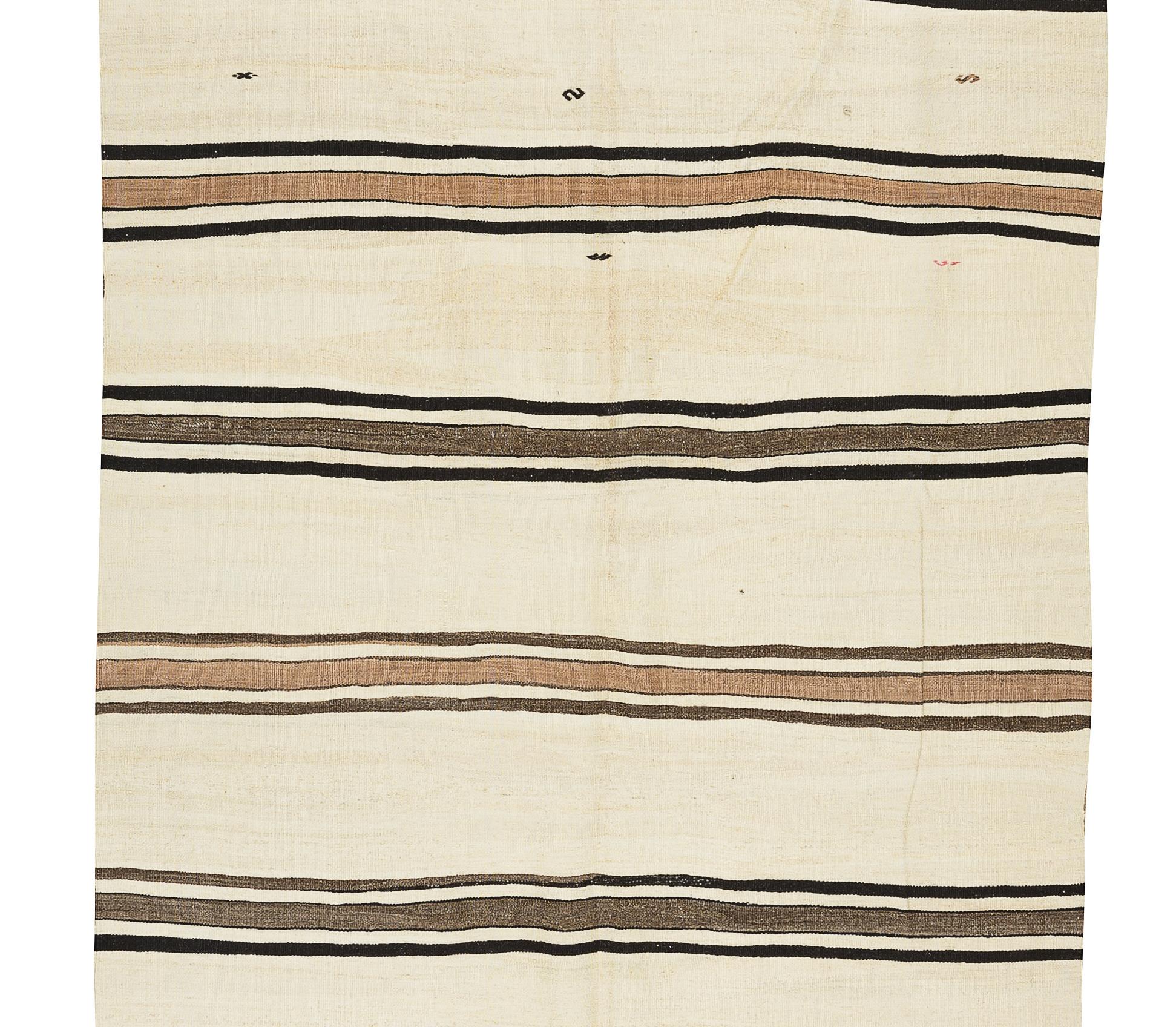 Hand-Woven 4.8x17 Ft Vintage Long Runner Kilim Rug in Beige with Brown and Black Stripes