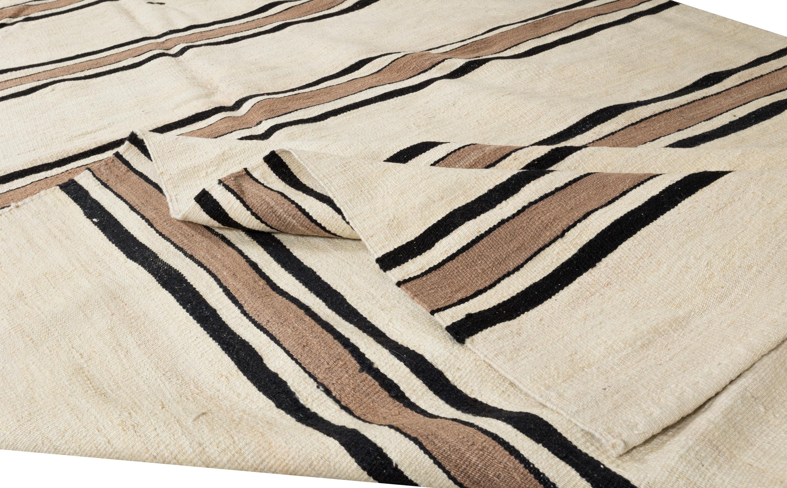 20th Century 4.8x17 Ft Vintage Long Runner Kilim Rug in Beige with Brown and Black Stripes