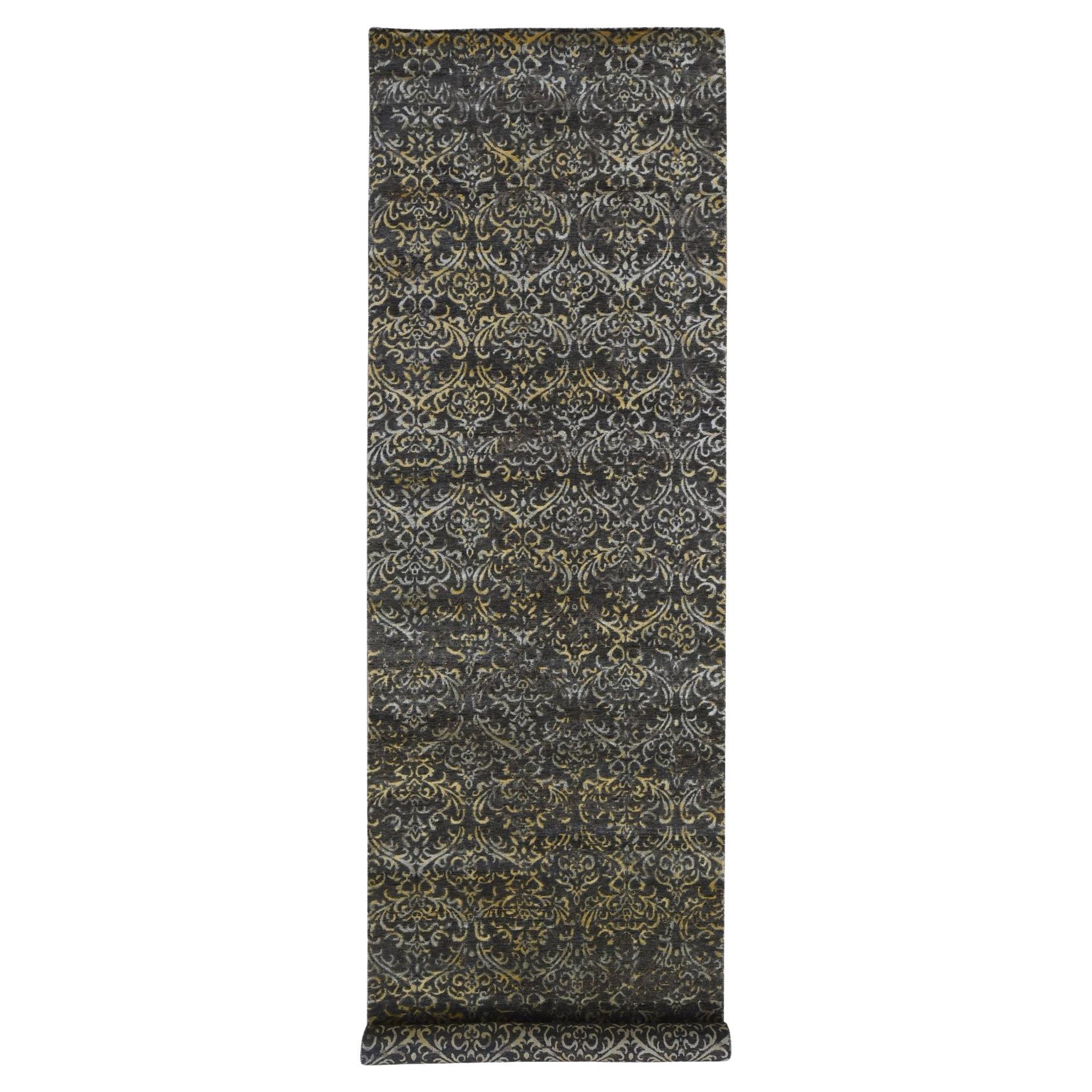 4'8 "x18'2" Marrone, Tappeto moderno damascato annodato a mano in lana e seta