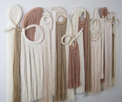 48" x 30" Ceramic and Fiber Wall Sculpture in White and Blush W/ Fringe Detail