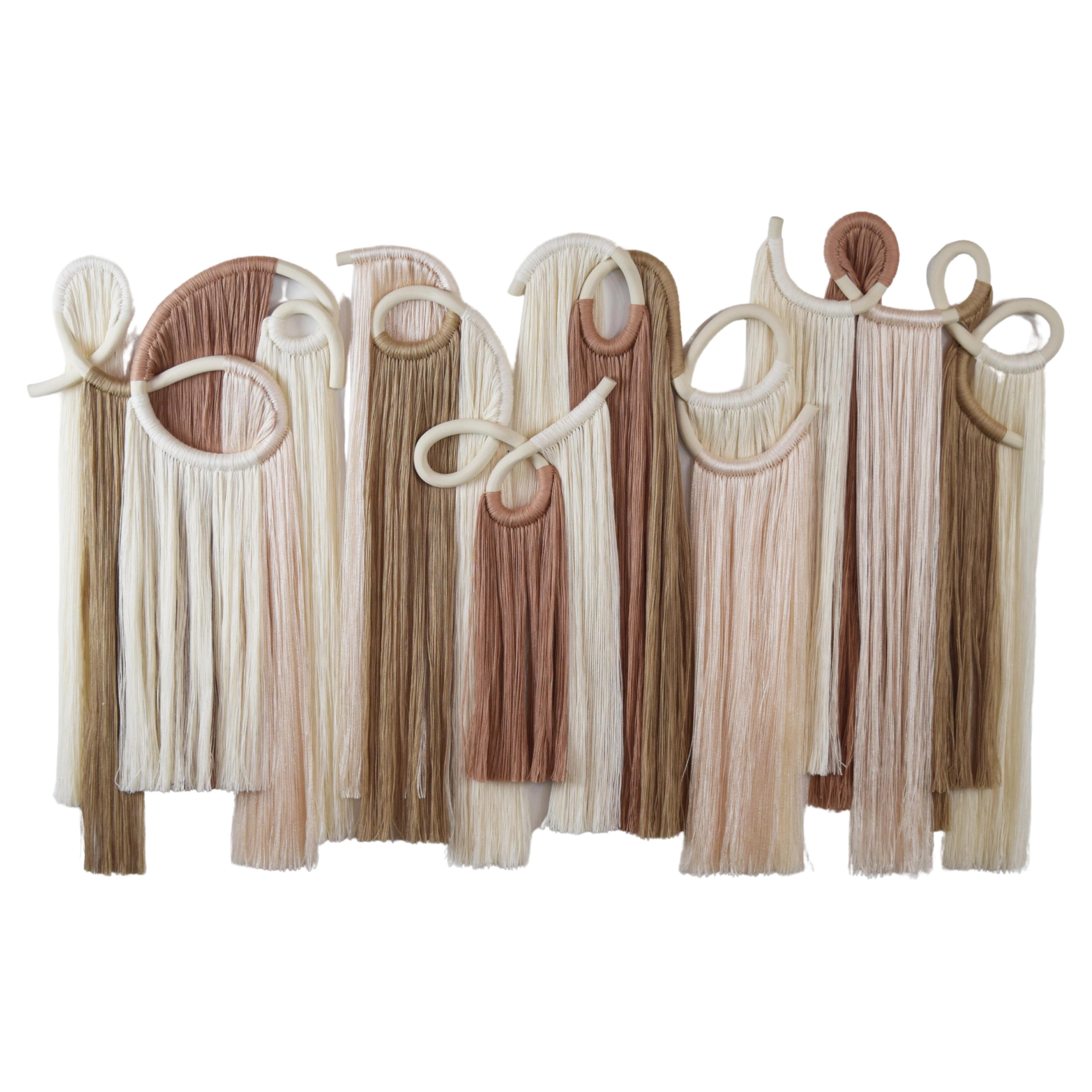 48" x 30" Ceramic and Fiber Wall Sculpture in White and Blush W/ Fringe Detail For Sale