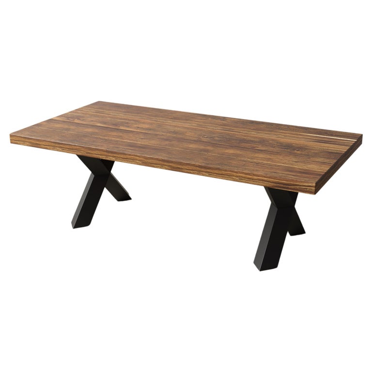 48x30 Solid Teak Coffee Table with Black Metal Criss Cross Legs For