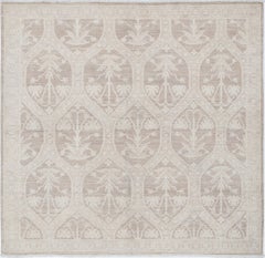 4.8x4.6 ft Handknotted Beige, Taupe Wool Rug. Ogee Trellis Pattern Accent Rug