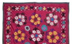 Vintage Suzani Wall Hanging, Hand Embroidered Cotton Bed Cover in Red