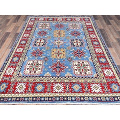 4'8"x6'10" Quilt Blue Kazak Geometric Design Soft Wool Hand Knotted Oriental Rug
