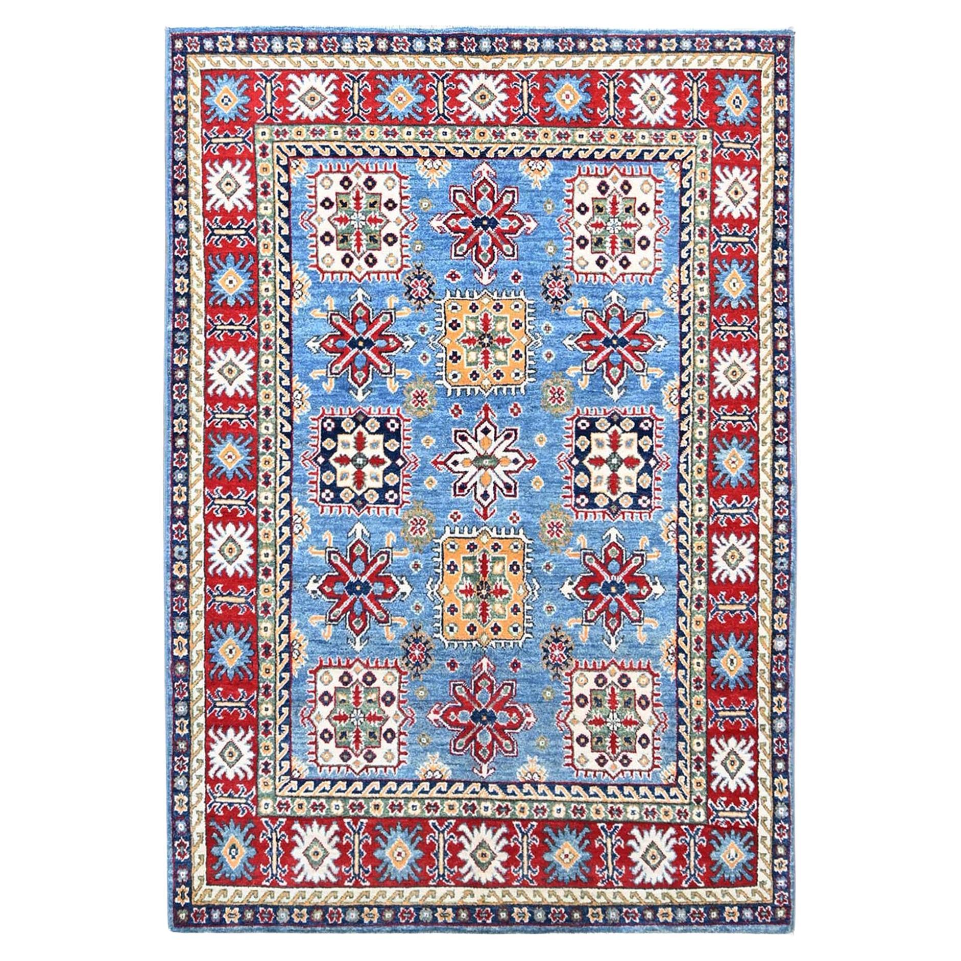 4'8 "x6'10" Quilt Blue Kazak Geometric Design Soft Wool Hand Knotted Oriental Rugs