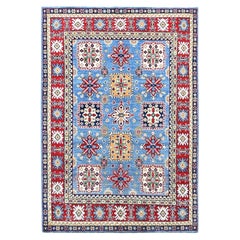 4'8 "x6'10" Quilt Blue Kazak Geometric Design Soft Wool Hand Knotted Oriental Rugs