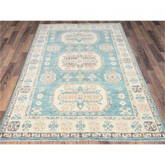 Tappeto in lana annodato a mano "Cloudbank Kazak" blu verde acqua, 142 x 208 cm, con annodi turchi
