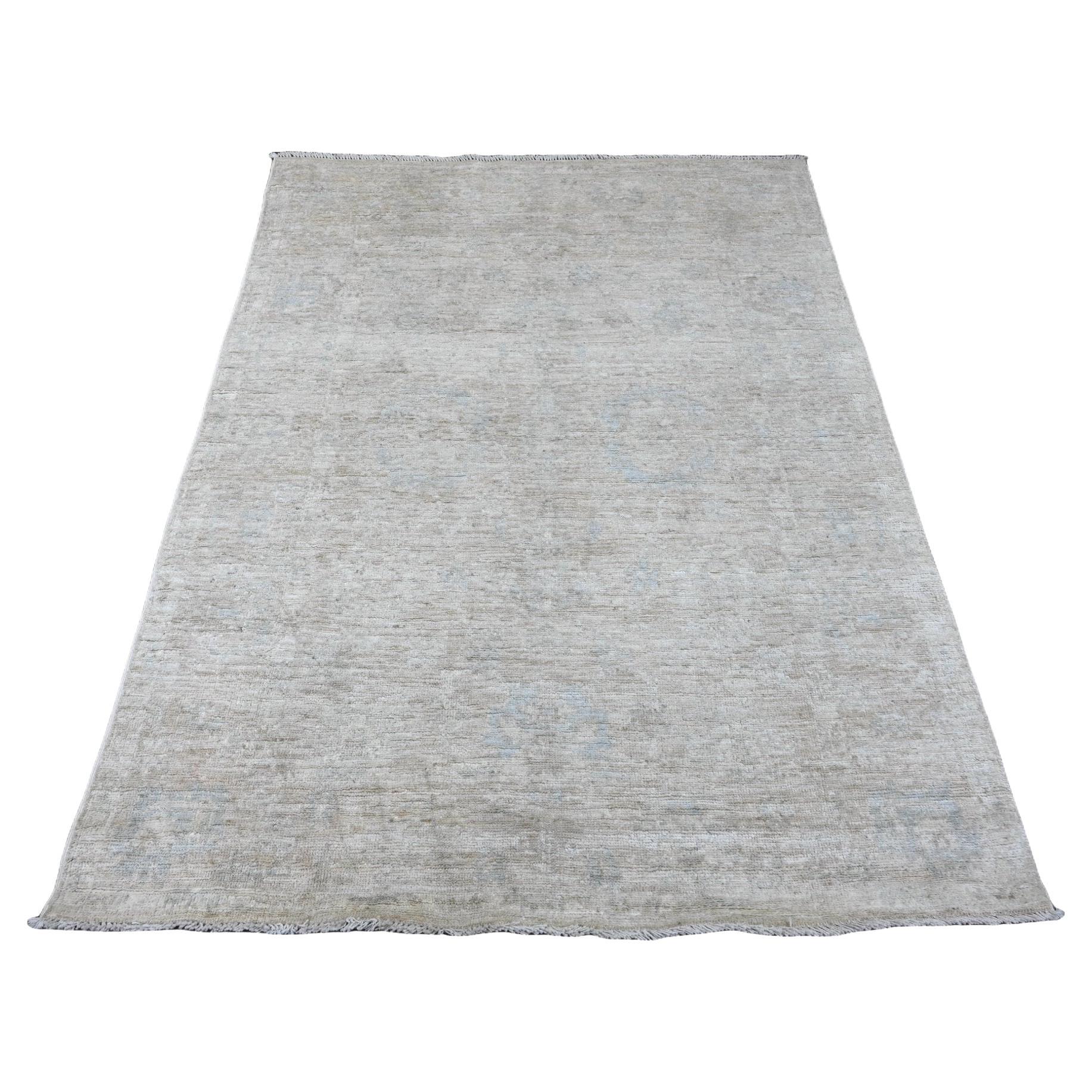 4
8 "x6
3" Weißer handgeknüpfter afghanischer Angora-Oushak-Blatt-Design-Teppich aus reiner Wolle