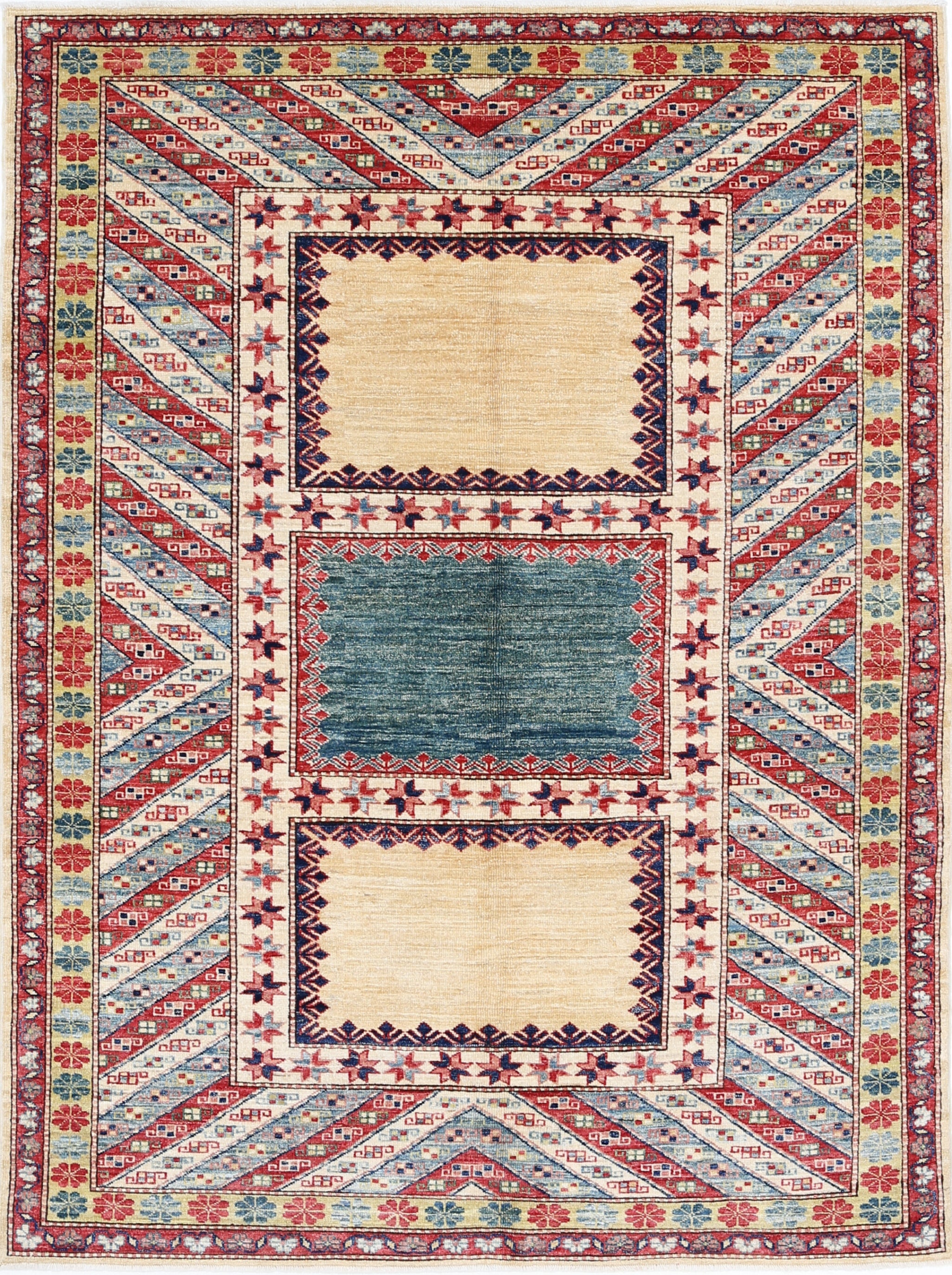 4.8x6.5 ft Handmade Red, Light Blue, Ivory Wool Area Rug with Geometric Design For Sale