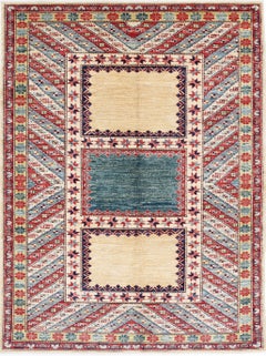 4.8x6.5 ft Handmade Red, Light Blue, Ivory Wool Area Rug with Geometric Design