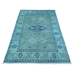 4
8"x6
6" Cerulean Blue Overdyed Kazak Medallions Design Wool Hand Knotted Rug