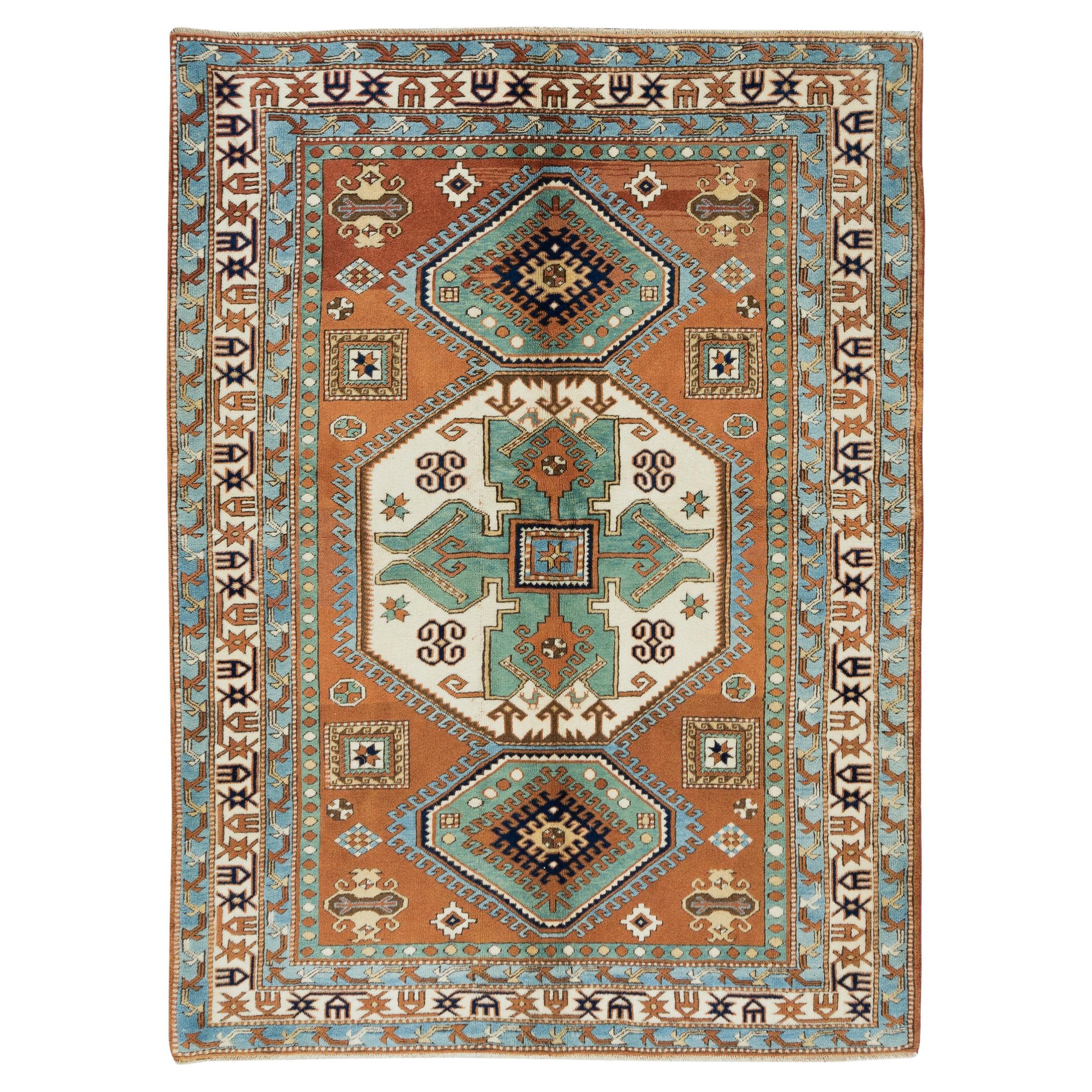 4.8x6.6 Ft Tri-Medallion Vintage Turkish Wool Area Rug for Office & Home Decor For Sale