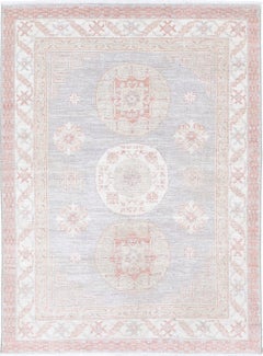 4.8x6.8 ft Hand Knotted Turkish Geometric Turkish Wool Area Rug in Soft Tones