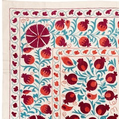 4.8x6.8 Ft Silk Embroidery Wall Hanging in Red, Blue & Ivory. Suzani Wall Decor