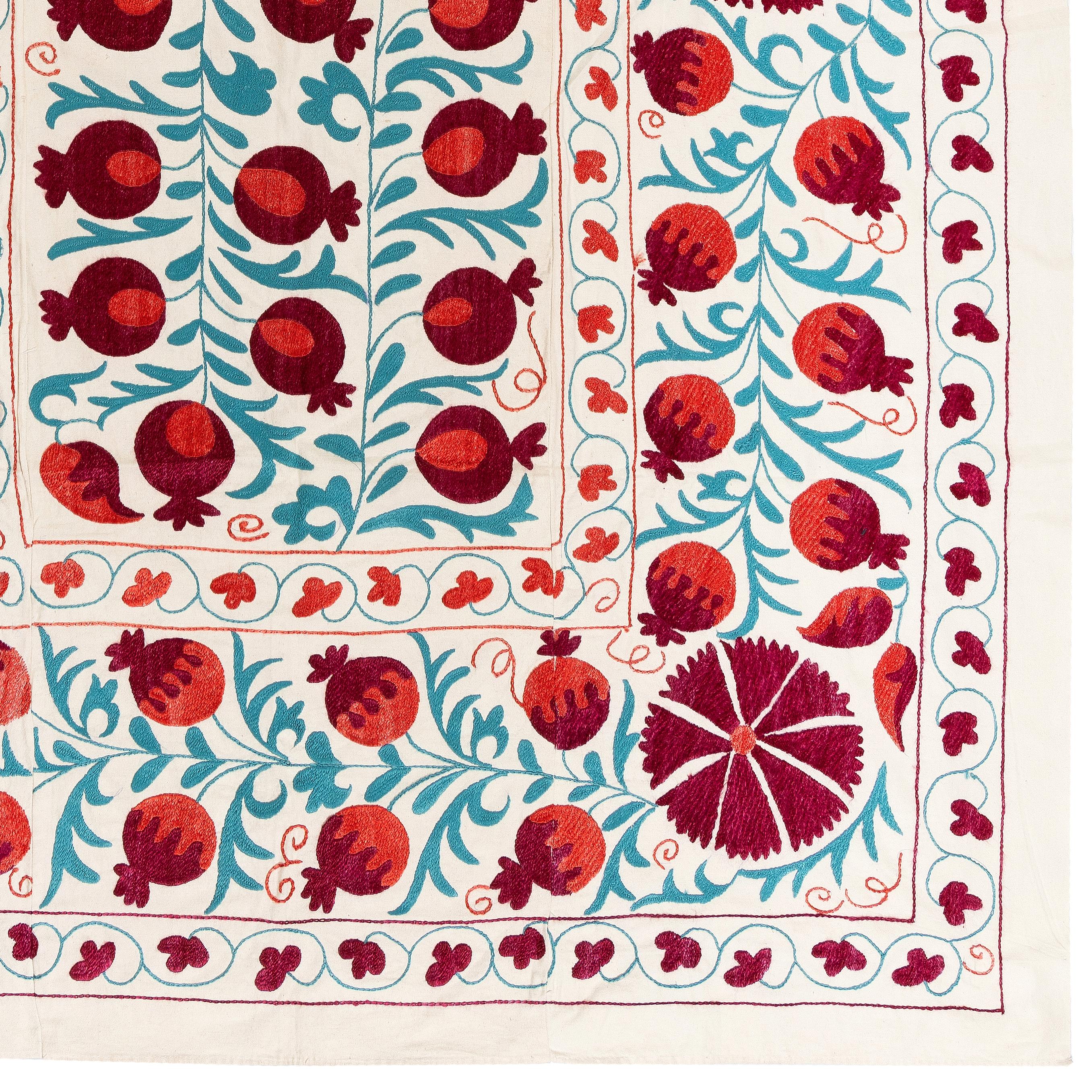 Uzbek 4.8x6.8 Ft Silk Embroidery Wall Hanging in Red, Blue & Ivory. Suzani Wall Decor For Sale
