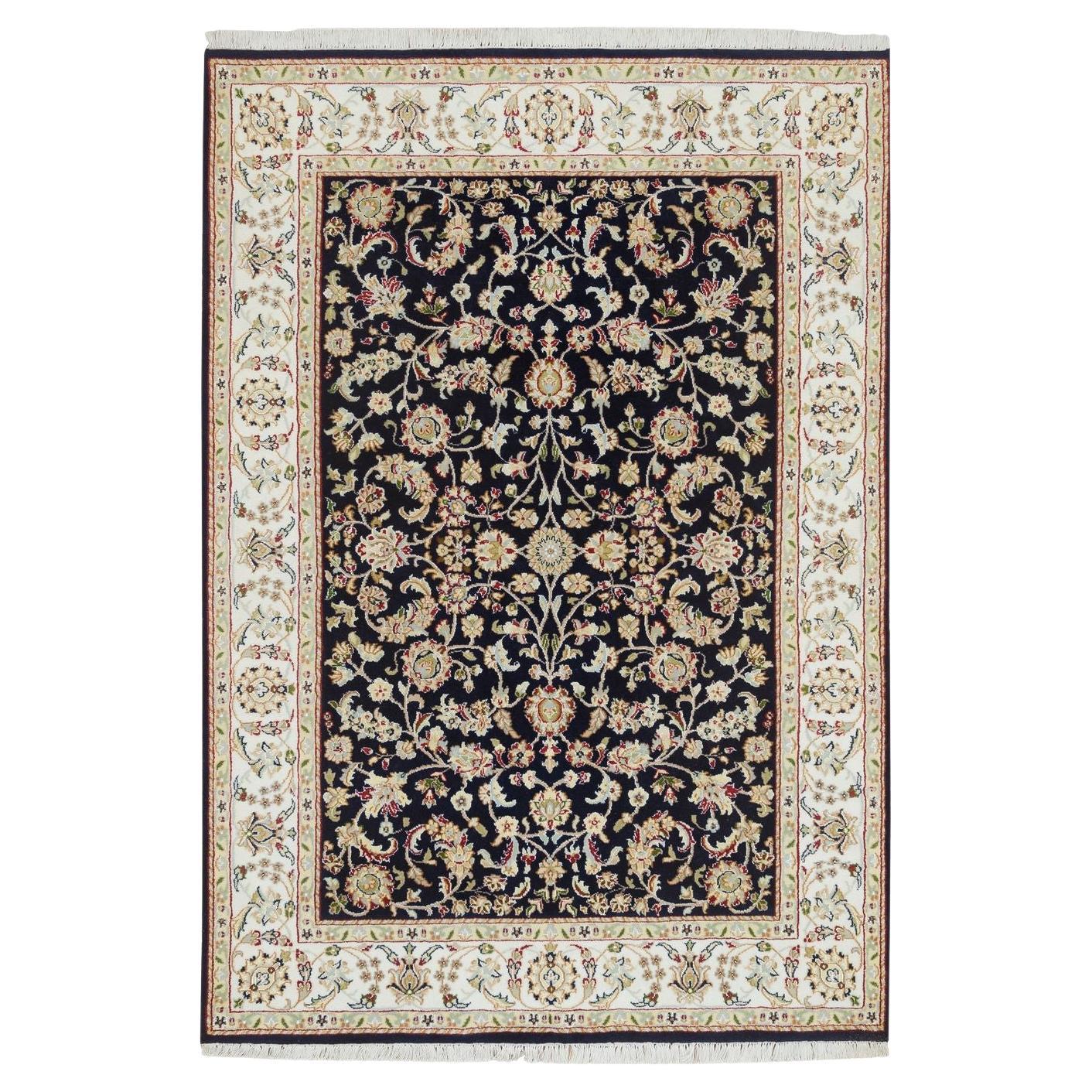 4'8 "x6'9" Mitternachtsblau Nain Flower Design 250 KPSI Handgeknüpfter Teppich aus reiner Wolle
