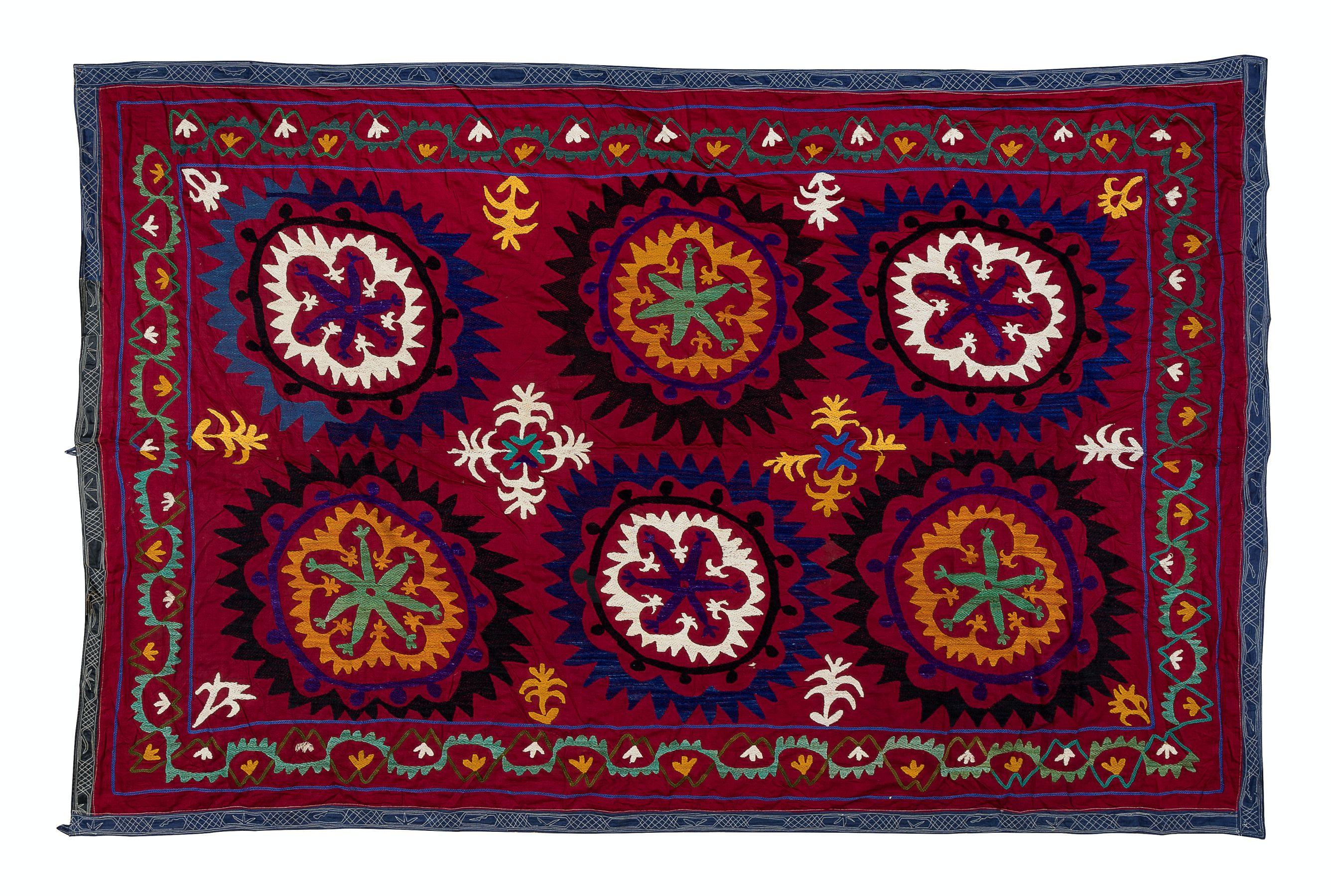 20th Century 4.8x7 Ft Authentic Silk Hand Embroidery Wall Hanging, Uzbek Suzani Textile Throw For Sale