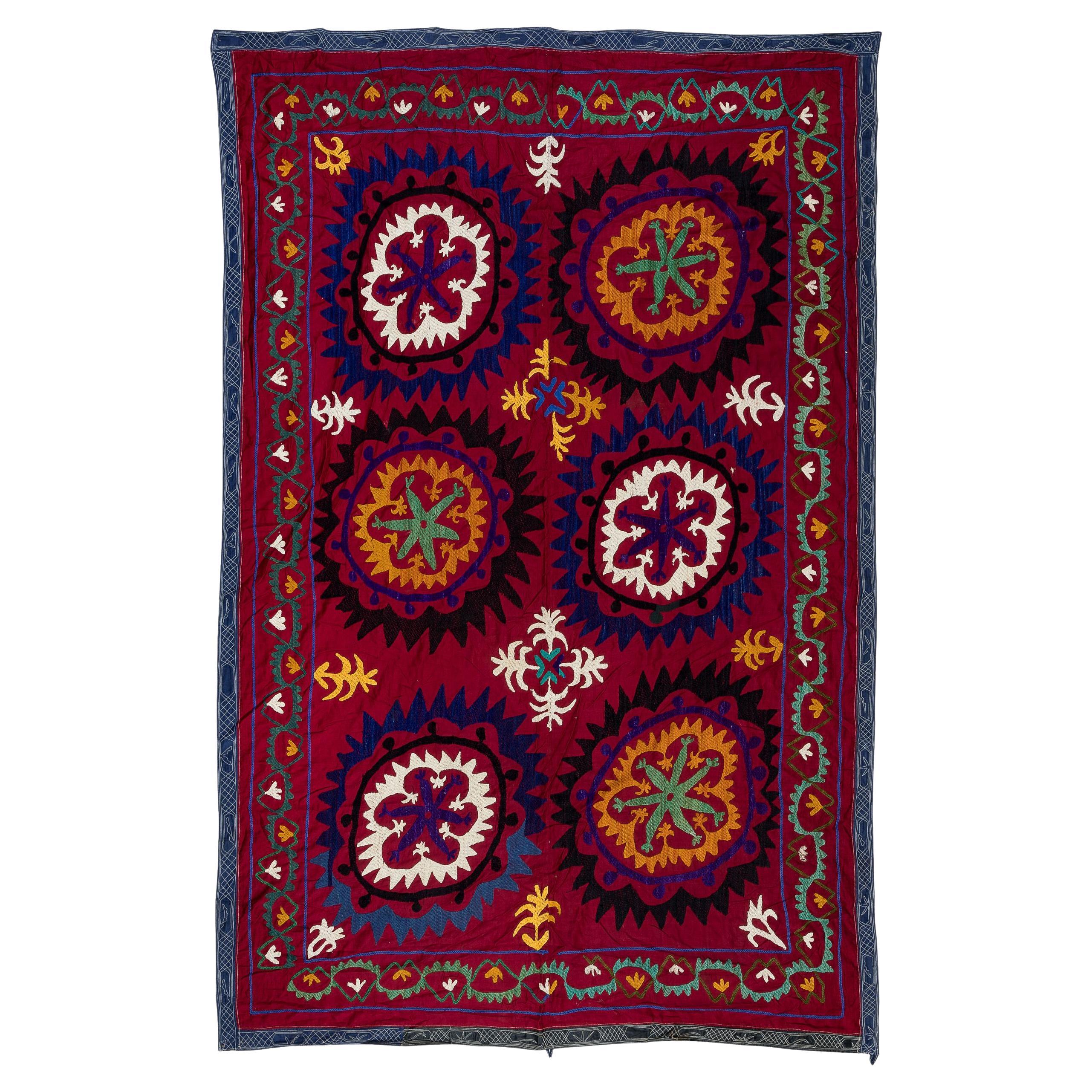 4.8x7 Ft Authentic Silk Hand Embroidery Wall Hanging, Uzbek Suzani Textile Throw For Sale