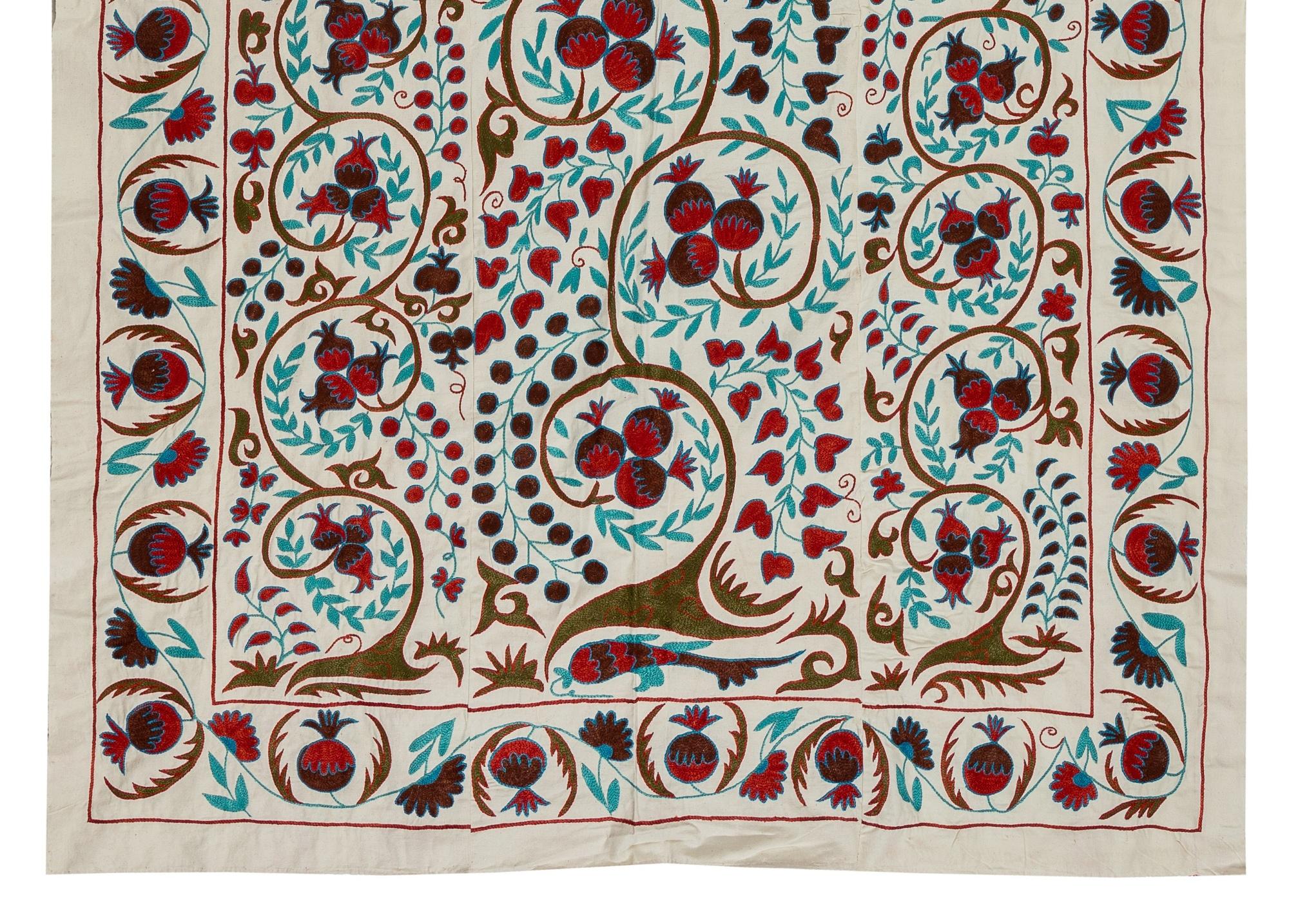 Uzbek 4.8x7 Ft Suzani Bed Cover, Silk Embroidered Wall Hanging, Handmade Tablecloth For Sale