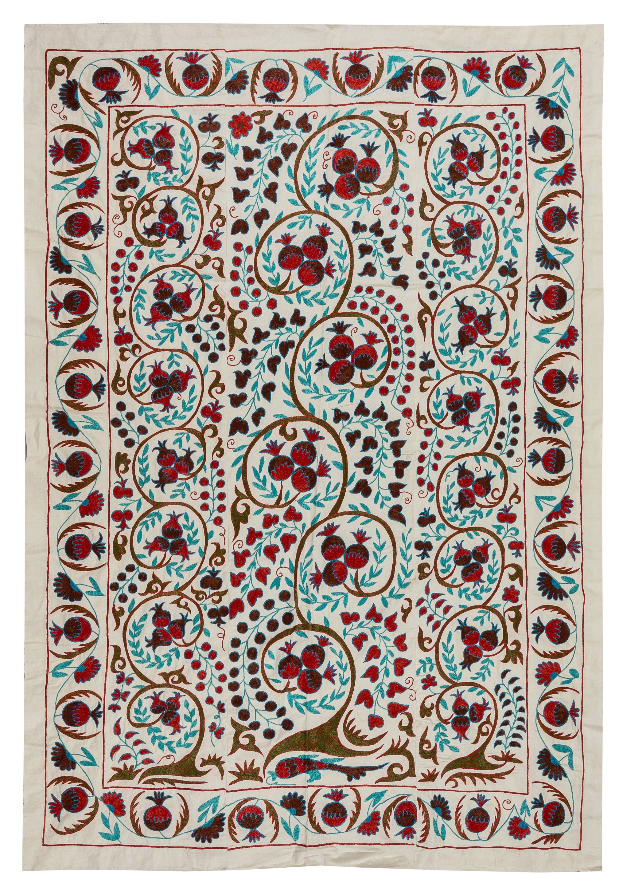 4.8x7 Ft Suzani Bed Cover, Silk Embroidered Wall Hanging, Handmade Tablecloth For Sale