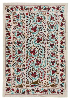 4.8x7 Ft Suzani Bed Cover, Silk Embroidered Wall Hanging, Handmade Tablecloth