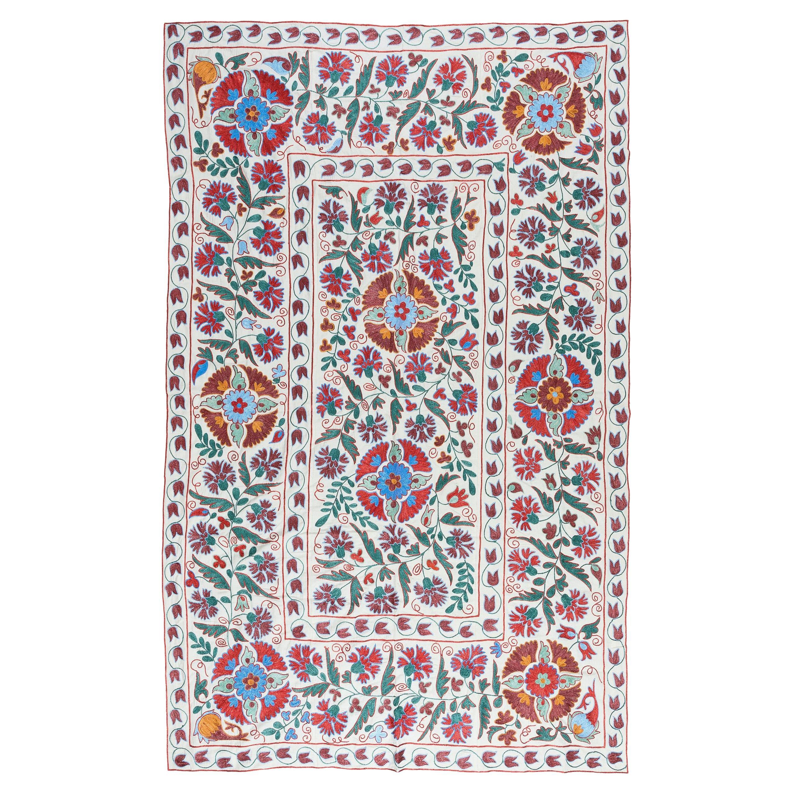 5.5x7.6 Ft Uzbek Suzani Textile Bedspread, Silk Hand Embroidery Wall 