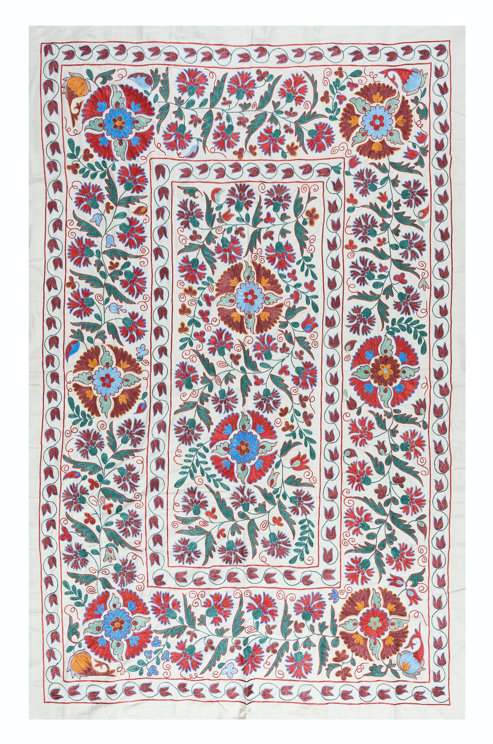 4.8x7 Ft Decorative Silk Hand Embroidery Suzani Wall Hanging, Uzbek Bedspread