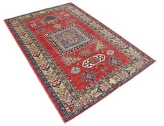4.8x7 ft Hand Knotted Red, Navy Blue, Ivory Rug. Geometric Tribal Pattern Carpet