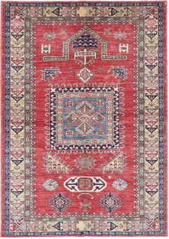 4.8x7 ft Hand Knotted Red, Navy Blue, Ivory Rug. Geometric Tribal Pattern Carpet