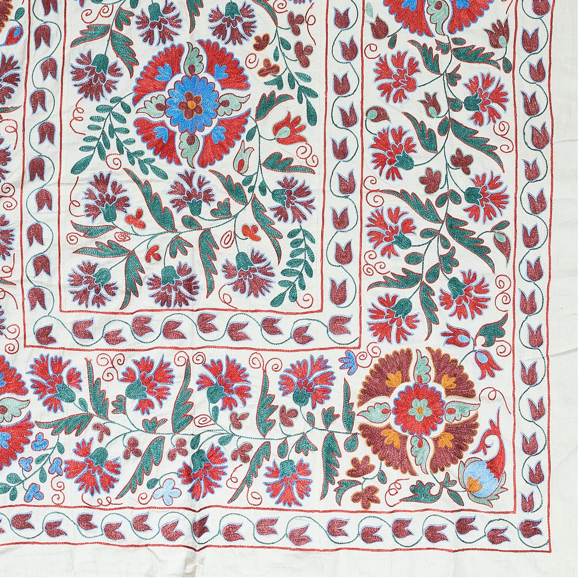 Embroidered 4.8x7 Ft Silk Embroidery Wall Hanging, Uzbek Bedspread, Contemporary Tapestry For Sale