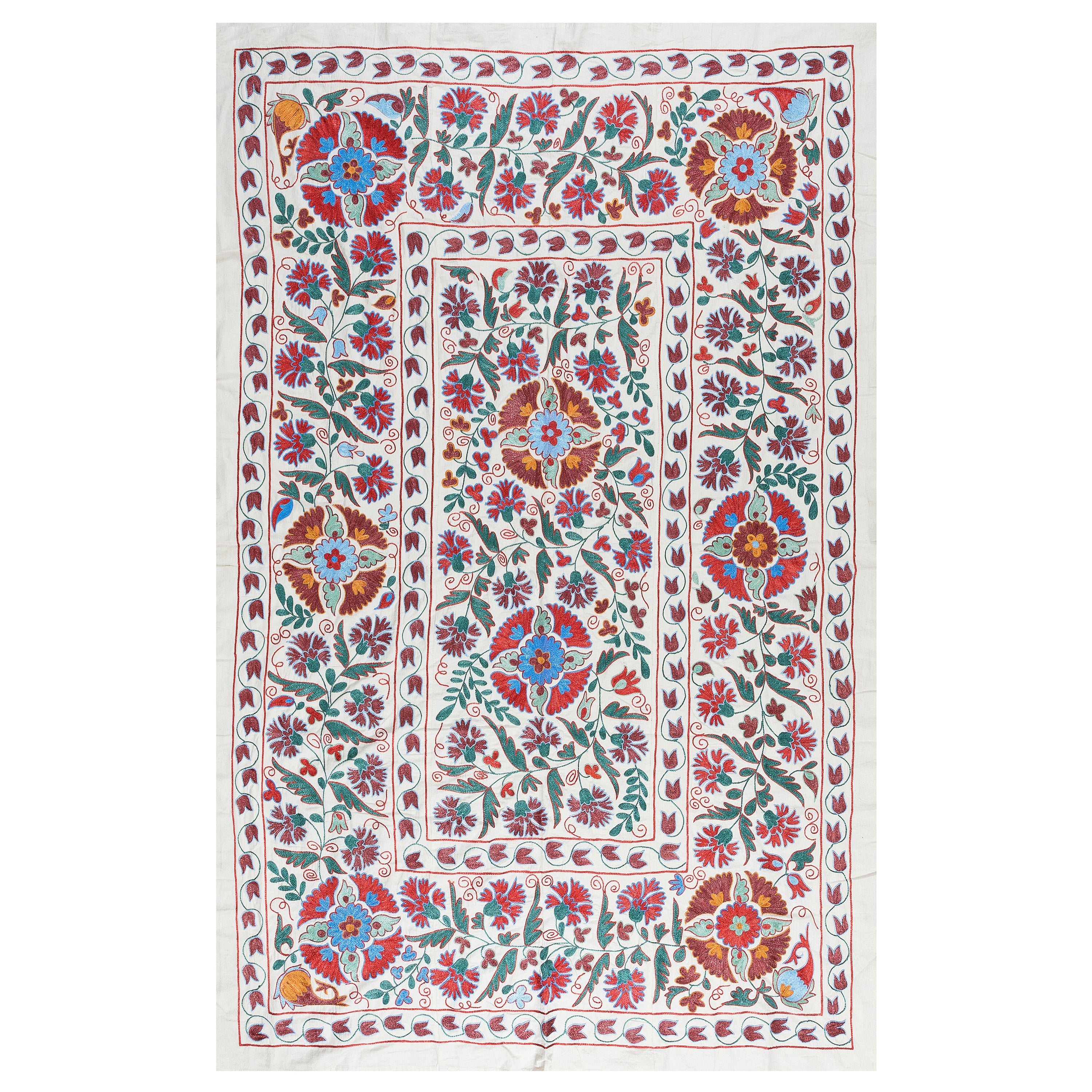4.8x7 Ft Seidenstickerei Wandbehang, usbekische Tagesdecke, Contemporary Wandteppich