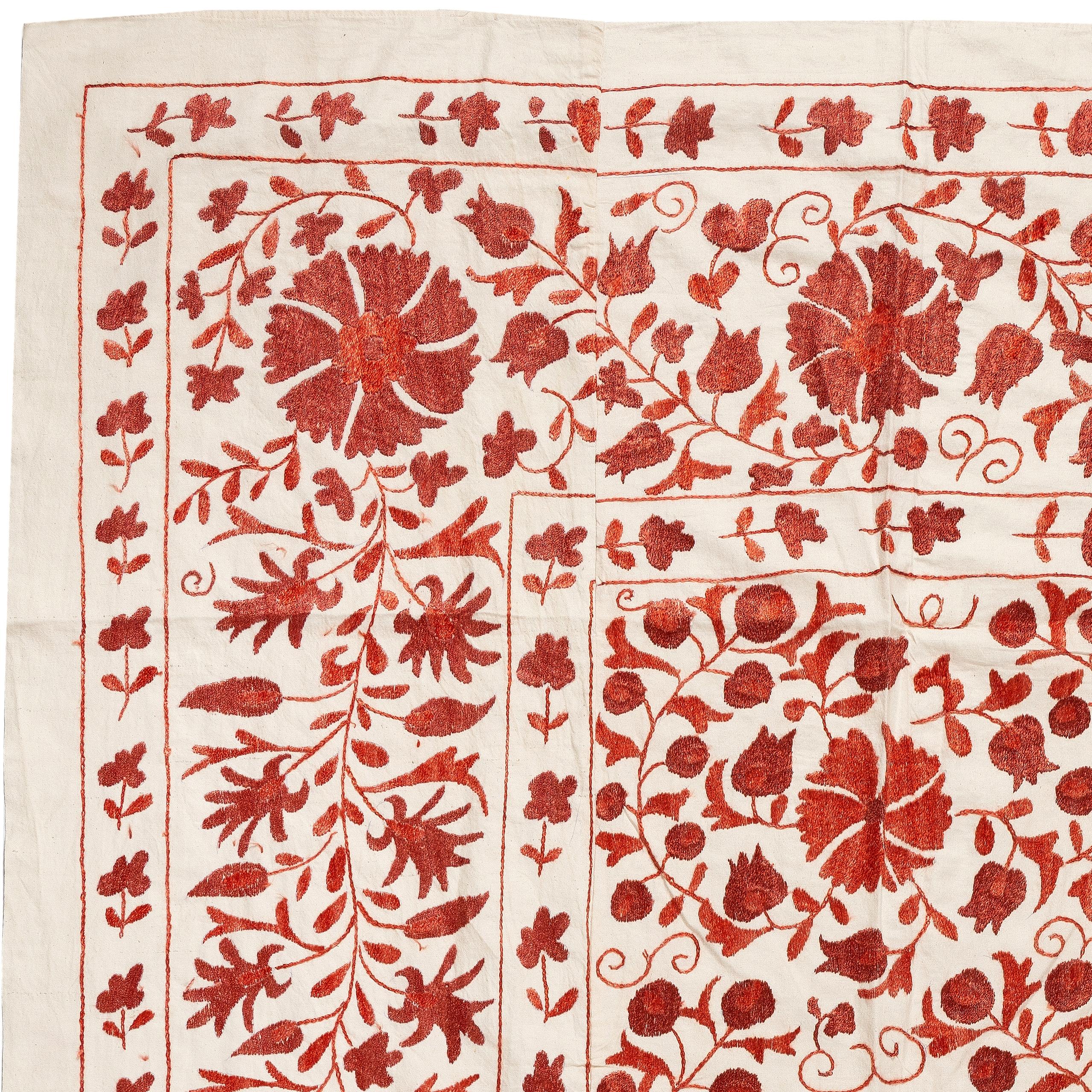Embroidered 4.8x7 Ft Silk Embroidery Wall Hanging, Uzbek Suzani Table Cover in Red & Ivory For Sale