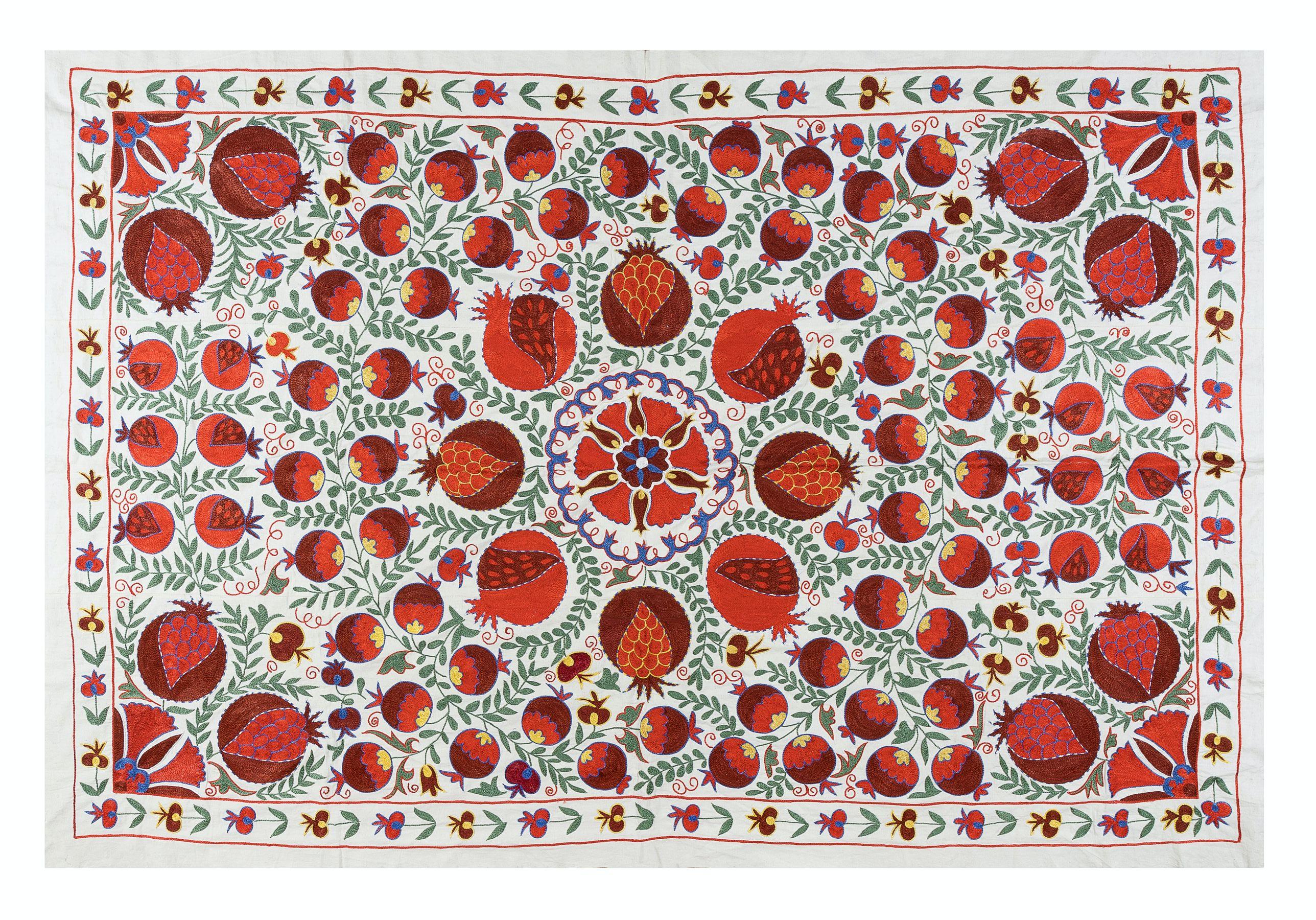 Contemporary 4.8x7 Ft Silk Hand Embroidered Suzani Bed Cover, New Traditional Wall Hanging For Sale