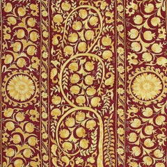 4.8x7 Ft Uzbek Silk Embroidery Wall Hanging, Burgundy Red and Yellow Bed Cover