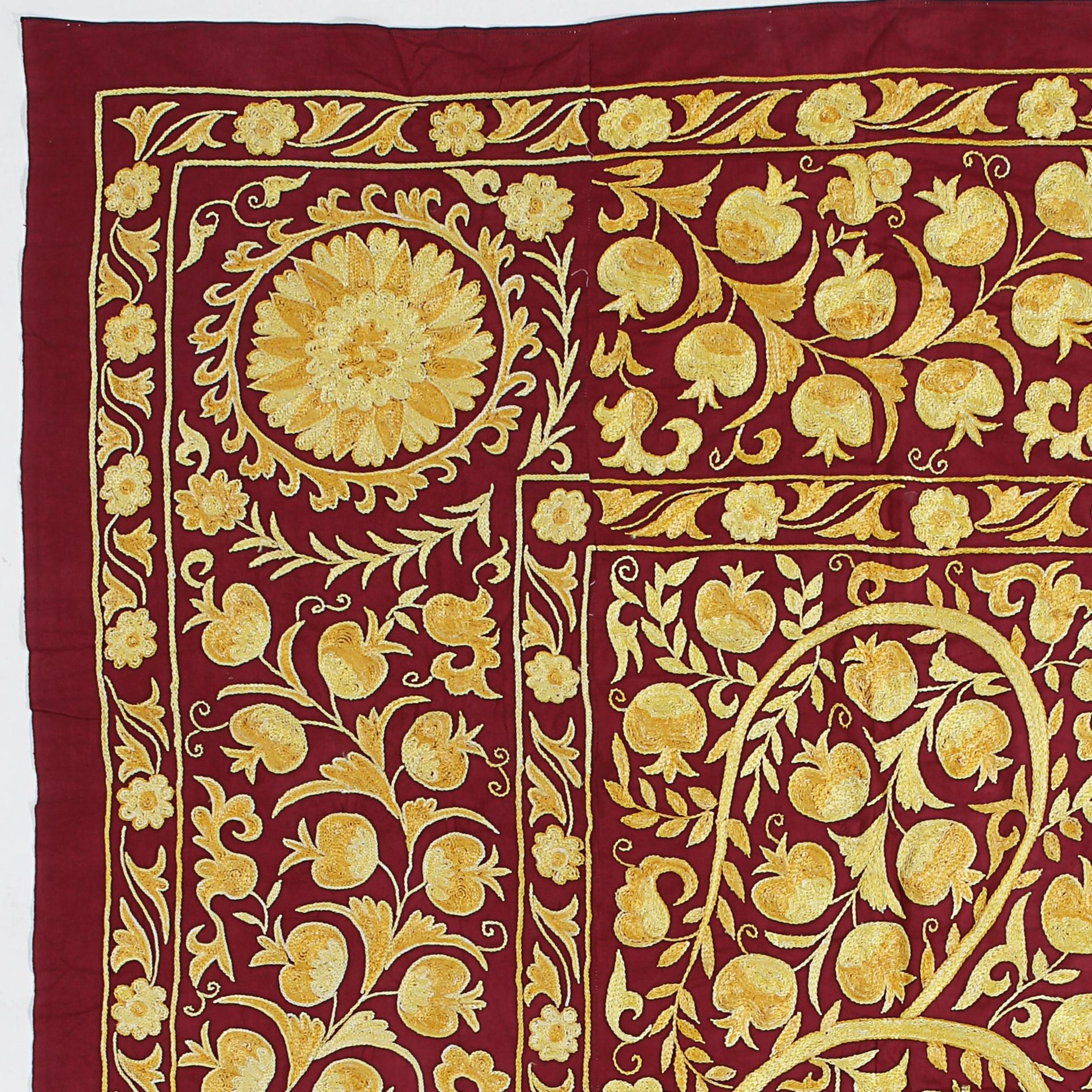 Suzani 4.8x7 Ft Uzbek Silk Embroidery Wall Hanging, Burgundy Red and Yellow Bed Cover For Sale