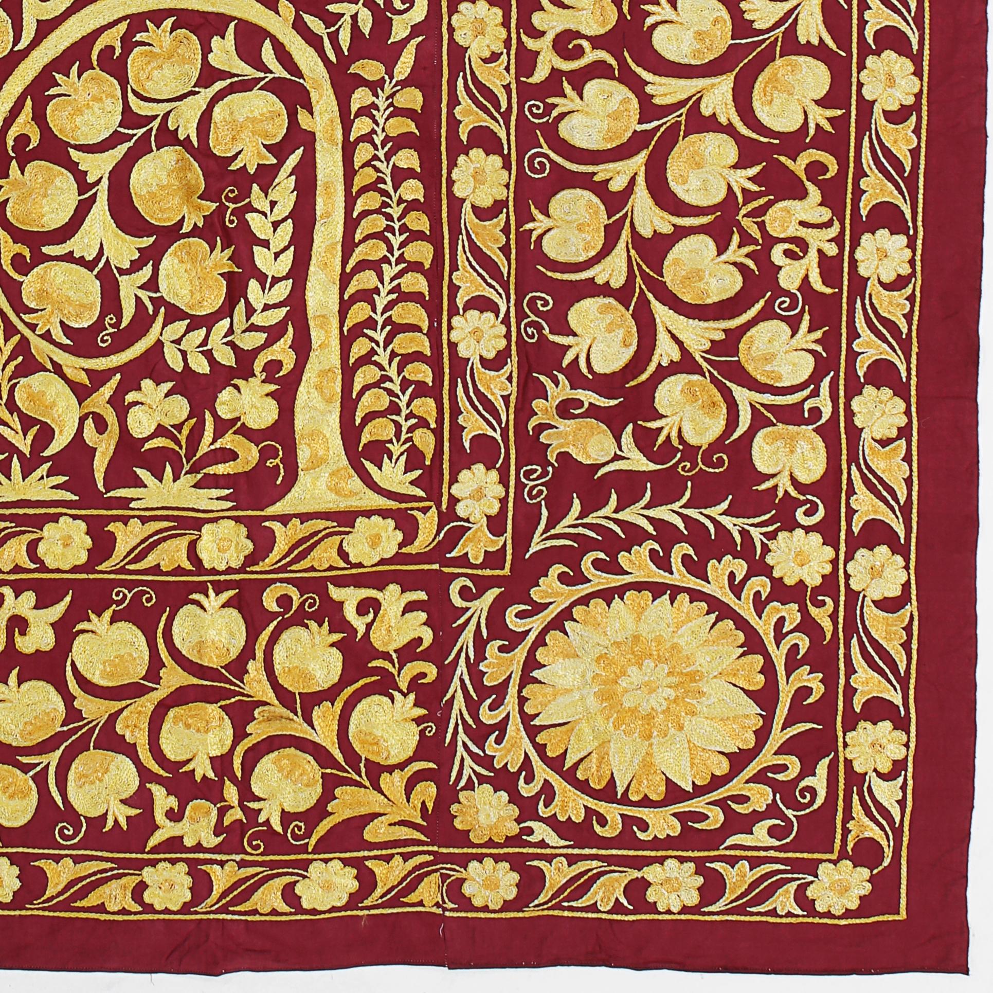 Embroidered 4.8x7 Ft Uzbek Silk Embroidery Wall Hanging, Burgundy Red and Yellow Bed Cover For Sale