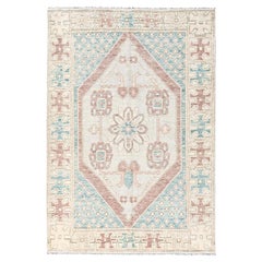 4'8"x7' Light Blue Anatolian Village Design Turkish Knot Hand Knotted Wool Rug