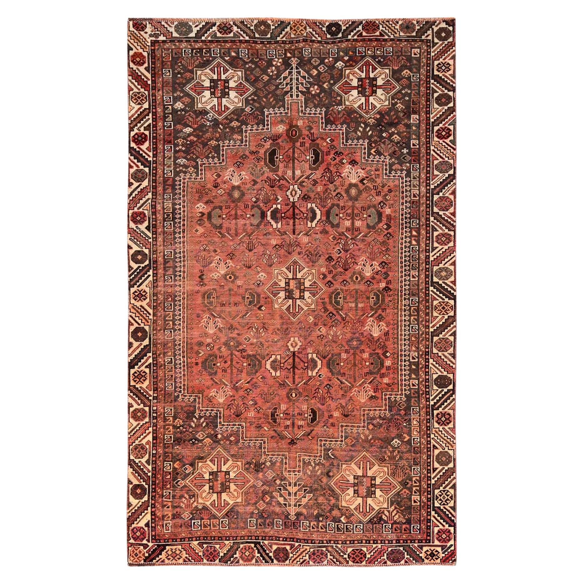 4
8"x7
10" Red Vintage Persian Shiraz with All Over Design Hand Knotted Wool Rug