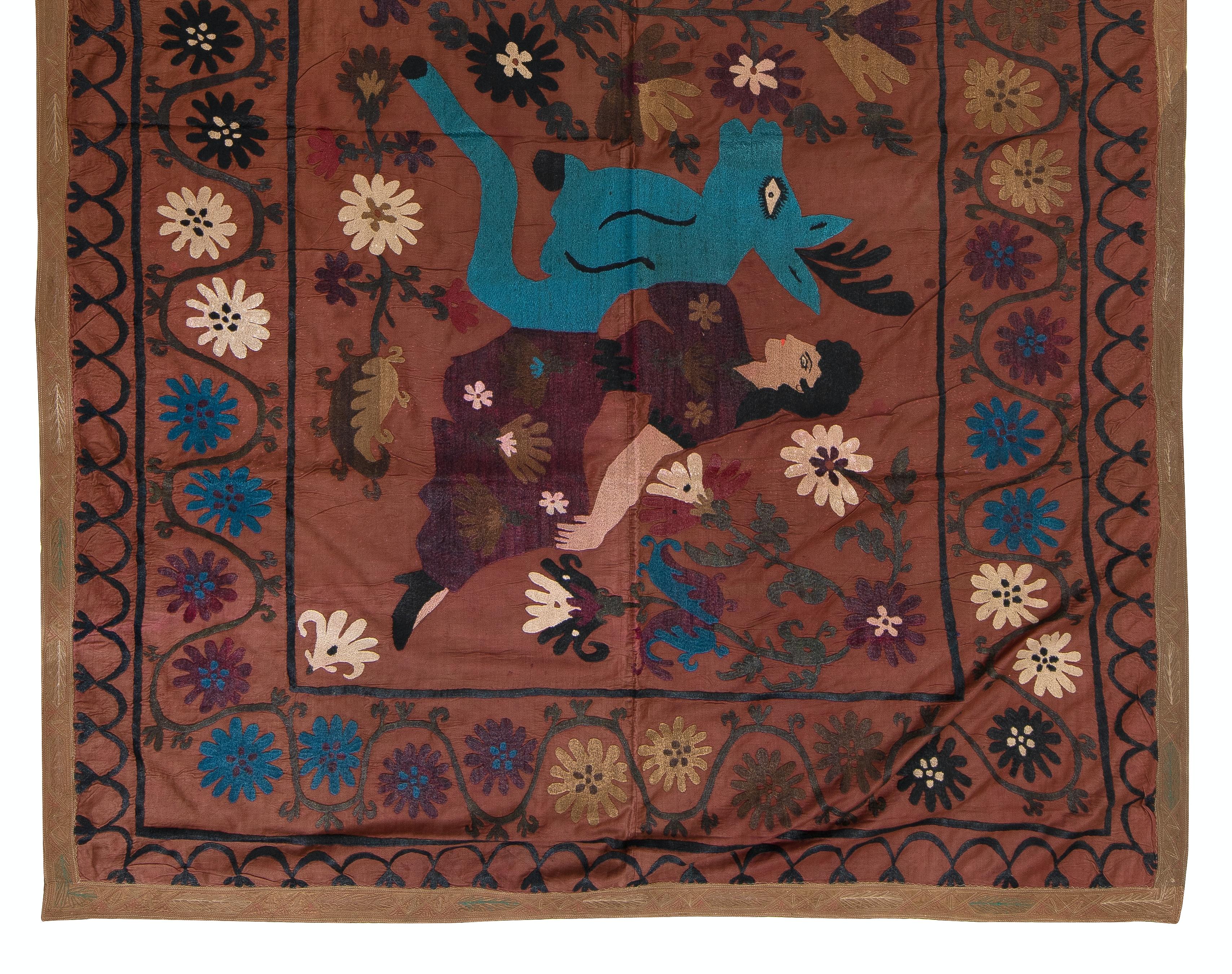 4.8x7.5 Ft Vintage C.Asian Suzani Textile, Embroidered Wall Hanging or Bed Cover In Good Condition In Philadelphia, PA