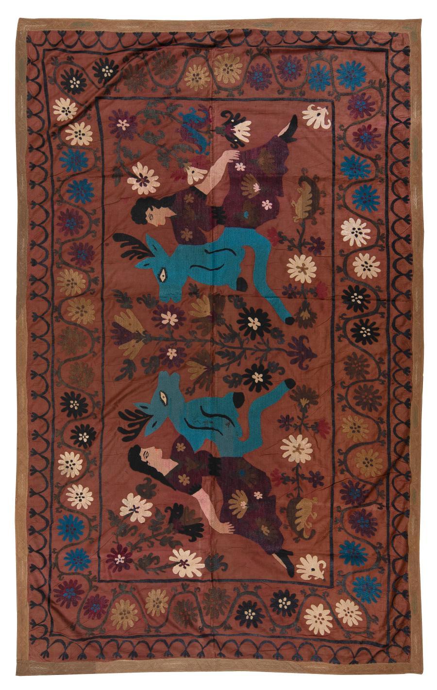 20th Century 4.8x7.5 Ft Vintage C.Asian Suzani Textile, Embroidered Wall Hanging or Bed Cover