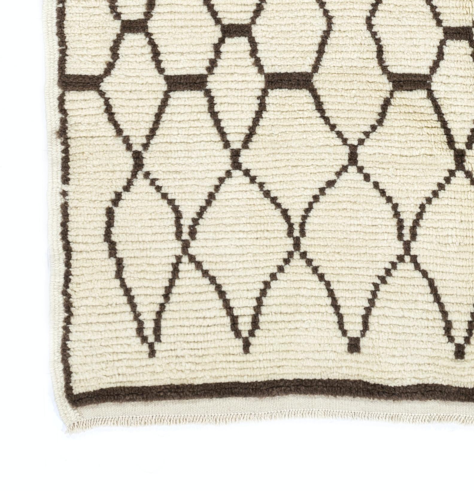 Contemporary Moroccan Rug made of Ivory and Brown Natural Wool, Custom Options Available For Sale