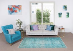 4.8x7.6 Ft Vintage Handmade Turkish Rug Overdyed in Teal Blue, Home Decor Carpet