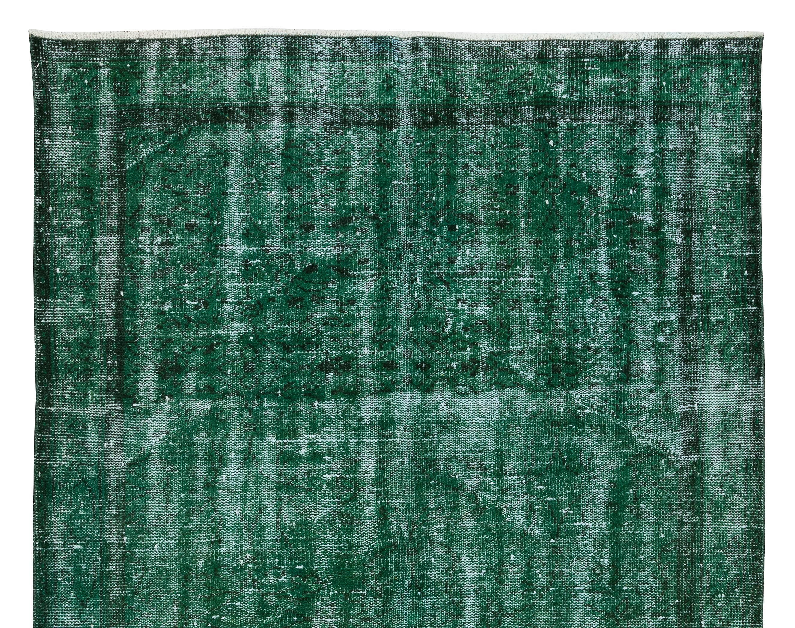 Hand-Knotted Distressed Vintage Hand Knotted Rug in Green, Modern Anatolian Carpet For Sale